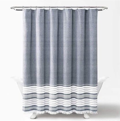 Lush Decor Nantucket Yarn Dyed Cotton Blend Tassel Fringe Shower Curtain Single 72" W x 72" L Navy - Blue Shower Curtains for Bathroom Curtain