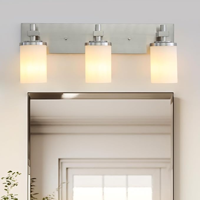 LOUSACE Bathroom Lighting Fixtures Over Mirror Brushed Nickel 3 Light Bathroom Vanity Lights with Opal White Glass Shades, Modern Vanity Wall Sconces Fixture for Bedroom Living Room