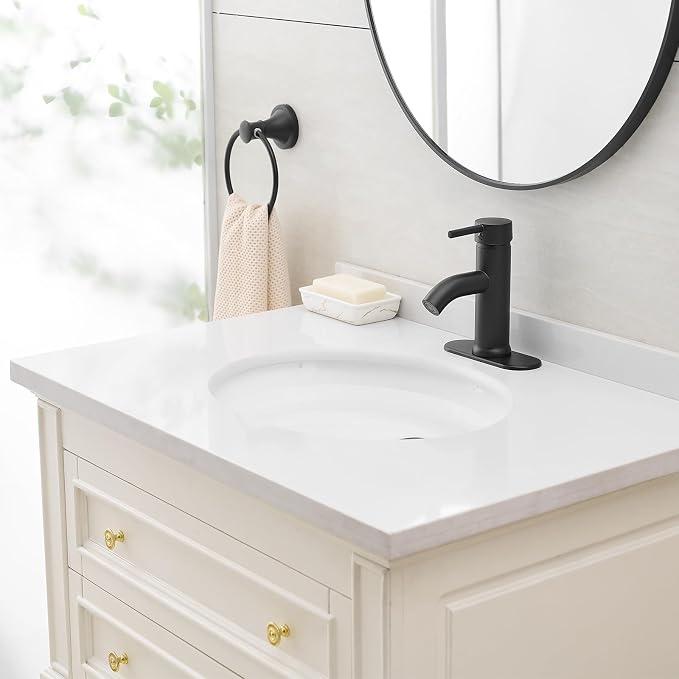 Matte Black Bathroom Faucets Single Hole Bathroom Sink Faucet | Modern Single Handle Bathroom Faucte 1 or 3 Hole, RV Sink Vanity Faucet (with Drain, Black)