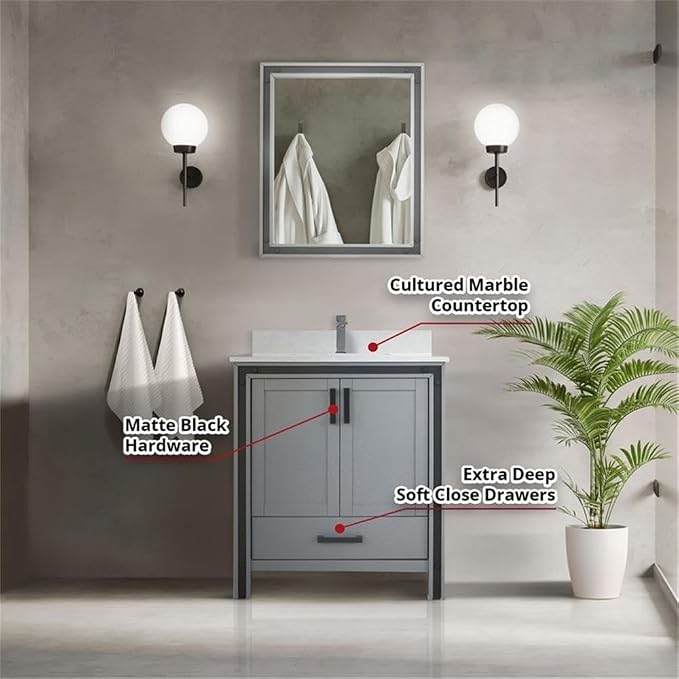 Ziva 30 in W x 22 in D Dark Grey Bath Vanity and Cultured Marble Top