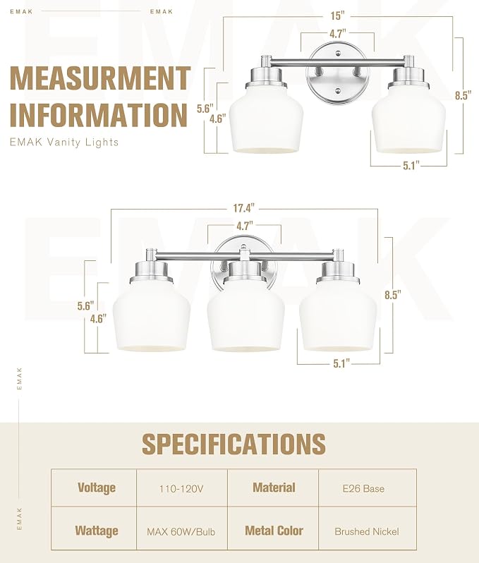Emak Brushed Nickel Vanity Lights, Modern Milk Glass Bathroom Light Fixtures, 3-Light Bathroom Vanity Light Over Mirror, VL122-BN-ML-3