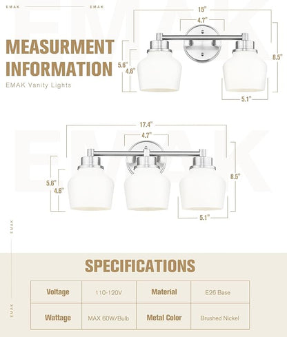 Emak Brushed Nickel Vanity Lights, Modern Milk Glass Bathroom Light Fixtures, 3-Light Bathroom Vanity Light Over Mirror, VL122-BN-ML-3