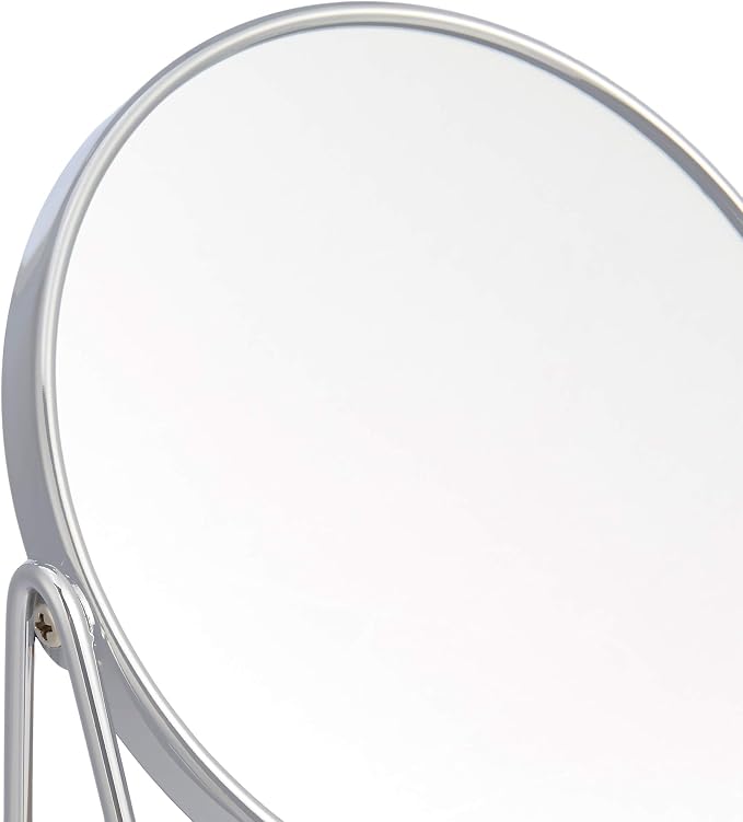 Amazon Basics Vanity Round Tabletop Mirror with 360° Rotation, Double Sided 1x/5x Magnification, Chrome Finish, Squared Bamboo Tray, 7.2"L x 3.35"W