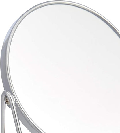 Amazon Basics Vanity Round Tabletop Mirror with 360° Rotation, Double Sided 1x/5x Magnification, Chrome Finish, Squared Bamboo Tray, 7.2"L x 3.35"W