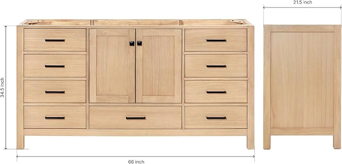 ARIEL Cambridge 66-inch Bathroom Vanity Base Cabinet,Solid Wood, 2 Soft Closing Doors, 9 Dovetail Drawers, White Oak
