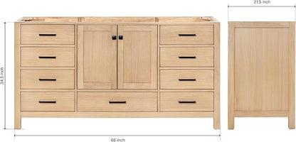 ARIEL Cambridge 66-inch Bathroom Vanity Base Cabinet,Solid Wood, 2 Soft Closing Doors, 9 Dovetail Drawers, White Oak