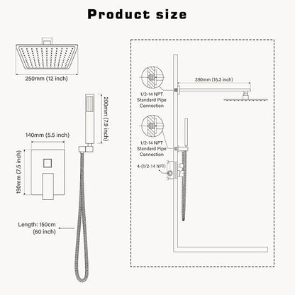 10 Inch Shower Faucet Set,Brushed Gold Shower System With Handheld | Square Shower Head with Shower Trim Kit And Handheld Shower Valve,Multi-function Rainfall,Rain Shower & Handheld Spray Combo