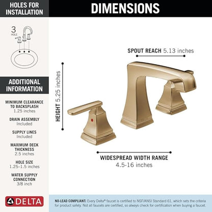Delta Ashlyn Widespread Bathroom Faucet, Gold 3-Hole Bathroom Sink Faucet, Metal Push-Pop Drain Assembly, Champagne Bronze 3564-CZMPU-DST