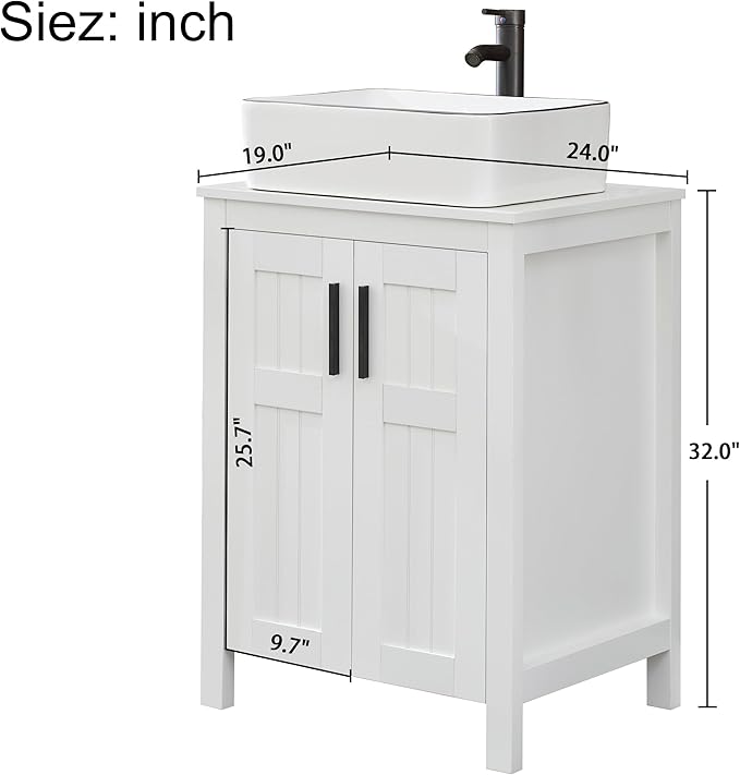 UEV White 24" Bathroom Vanity with Sink Combo,Modern Freestanding Sink Cabinet,Stylish Bathroom Vanity Cabinet,Grooved Double Doors,Metal Handles,with Modern Artistic Ceramic Vessel Sink Combo(031WH)