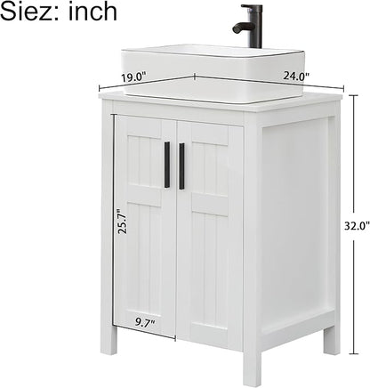 UEV White 24" Bathroom Vanity with Sink Combo,Modern Freestanding Sink Cabinet,Stylish Bathroom Vanity Cabinet,Grooved Double Doors,Metal Handles,with Modern Artistic Ceramic Vessel Sink Combo(031WH)