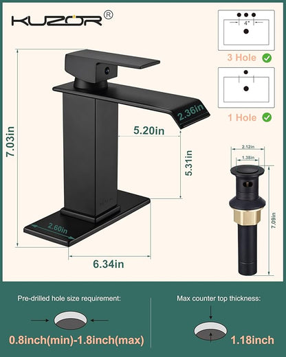 Matte Black Waterfall Bathroom Faucet – Single Hole 304 Stainless Steel Sink Faucet with Metal Pop-Up Drain, Low-Profile Design for Modern Vanities