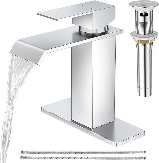 CREA Chrome Waterfall Bathroom Faucet 1 Hole,Chrome Bathroom Faucet Single Handle Bathroom Sink Faucet with Pop Up Drain Stopper/ 3 Hole Plate,Stainless Steel RV Vanity Faucet Basin Mixer Tap