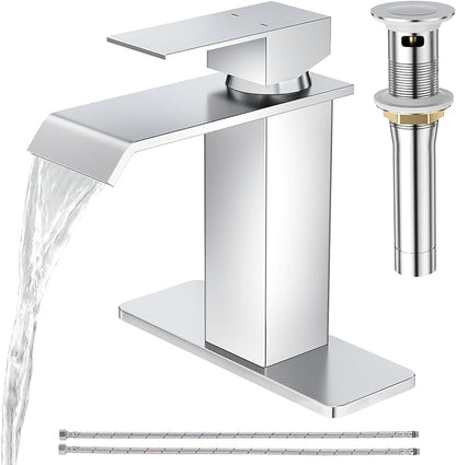 CREA Chrome Waterfall Bathroom Faucet 1 Hole,Chrome Bathroom Faucet Single Handle Bathroom Sink Faucet with Pop Up Drain Stopper/ 3 Hole Plate,Stainless Steel RV Vanity Faucet Basin Mixer Tap