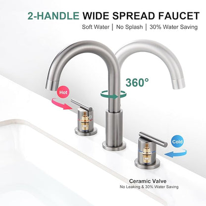 Faustina Gery Bathroom Faucet, 3 Hole, 8 Inch Widespread, 4 Inch Centerset, 2-Handle Stainless Steel