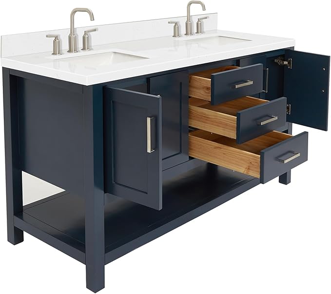 ARIEL Magnolia 60-inch Bathroom Vanity with Sink,Solid Wood, 1.5-inch Carrara White Quartz Countertop, Double Rectangular Porcelain Sink, 4 Soft Closing Doors, 3 Dovetail Drawers, Midnight Blue