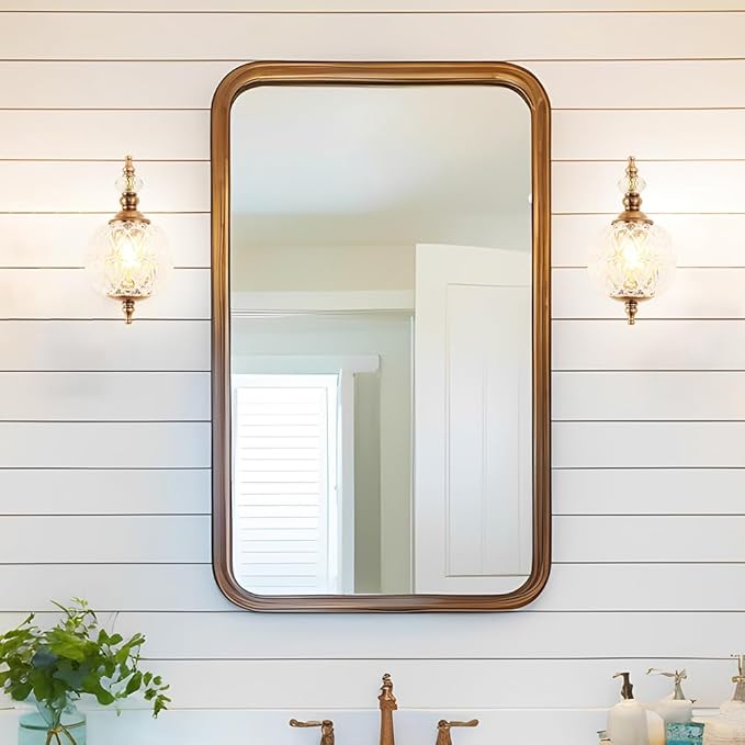 Brushed Gold Bathroom Wall Sconce Vintage Style - G9 Bulb Compatible, Small Hardwired Bathroom Vanity Lighting with Hand-Etched Glass Shades, Easy Mounted for Bedroom Living Room Hallway