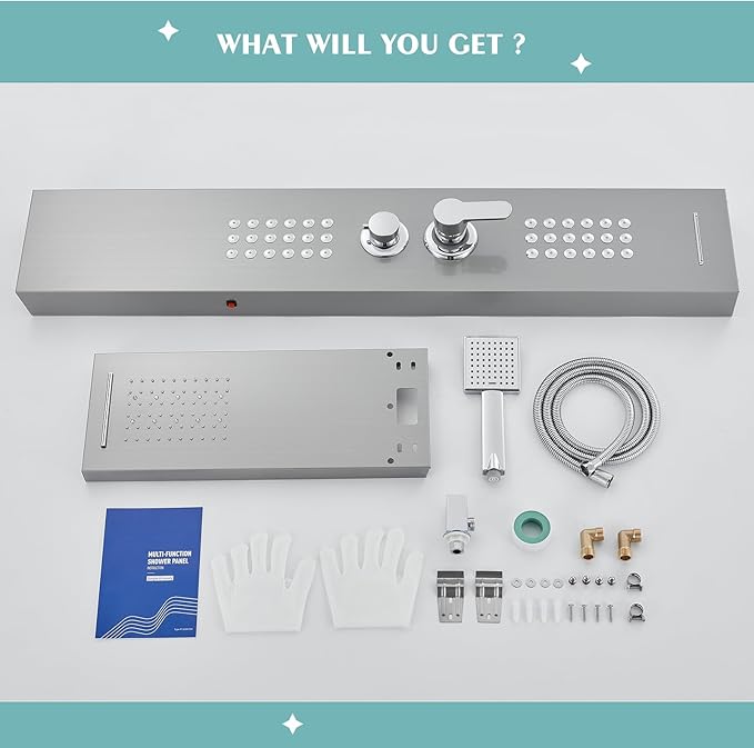 LED Shower Panel Tower System with Rainfall Waterfall Shower Head, 5-in-1 Shower Tower with Powerful Body Jets, Handheld and Tub Spout, Shower Column Stainless Steel, Brushed Finish