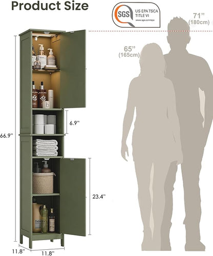 HAIOOU 67" Tall Bathroom Storage Cabinet with Light,11.8"W Narrow Bathroom Cabinet with Adjustable Glass Shelves,Slim Freestanding Cabinet for Small Spaces,Skinny Cabinet for Kitchen,Living Room Green