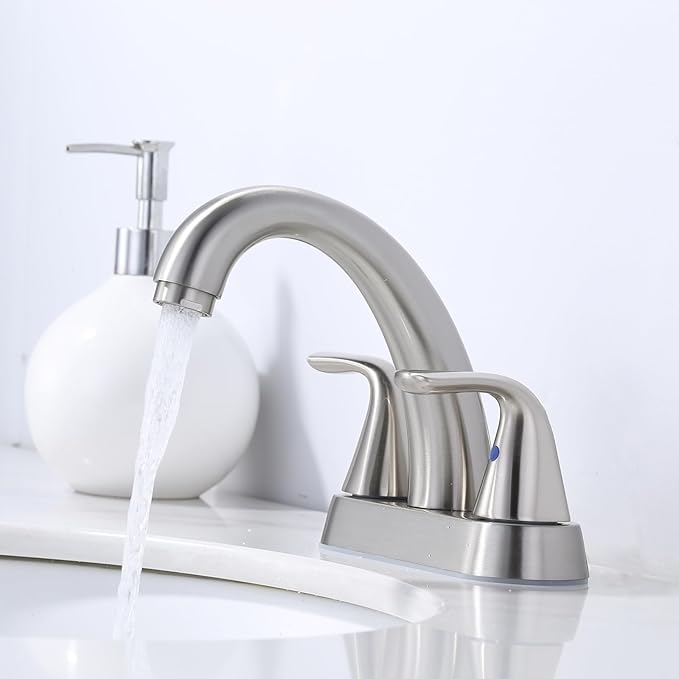 Brushed Nickel Centerset Bathroom Faucet: ALEASHA 4 Inch Centerset Bathroom Faucet, 2-Handle Vanity Sink Faucet with Pop Up Drain Stopper, RV Lavatory Faucets for Washroom Sink
