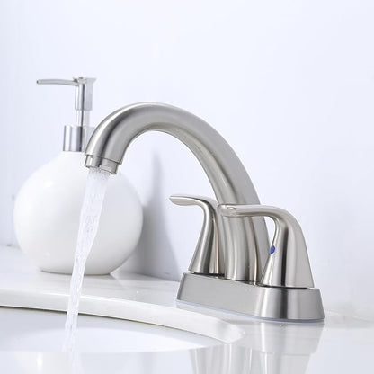Brushed Nickel Centerset Bathroom Faucet: ALEASHA 4 Inch Centerset Bathroom Faucet, 2-Handle Vanity Sink Faucet with Pop Up Drain Stopper, RV Lavatory Faucets for Washroom Sink