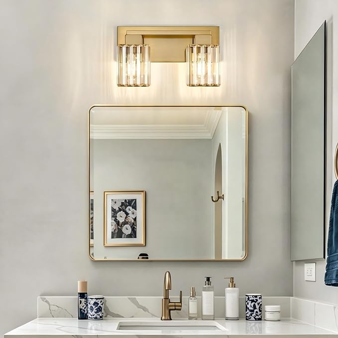 Brushed Gold Bathroom Light Fixtures, 2-Light Vanity Light Over Mirror | Wall Sconces with Square Crystal Shades, E26 Socket, Modern Vanity Lights for Bathroom (Bulbs Not Included)