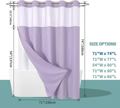 No Hook Waffle Shower Curtain with Snap-in Liner, 71x74 Inch, Lavender | 230 GSM waffle weave fabric, waterproof liner set with 2 bottom magnets, mesh top window, washable, for bathroom or hotel use