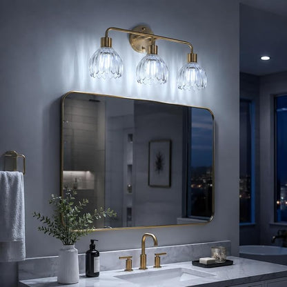 3-Light Gold Brass Bathroom Light Fixture with Clear Tulip Glass Shade,Wall Sconces,Vintage Vanlity Light Over Mirror,Bathroom Wall Light,E26 Socket(Bulbs Not Included)