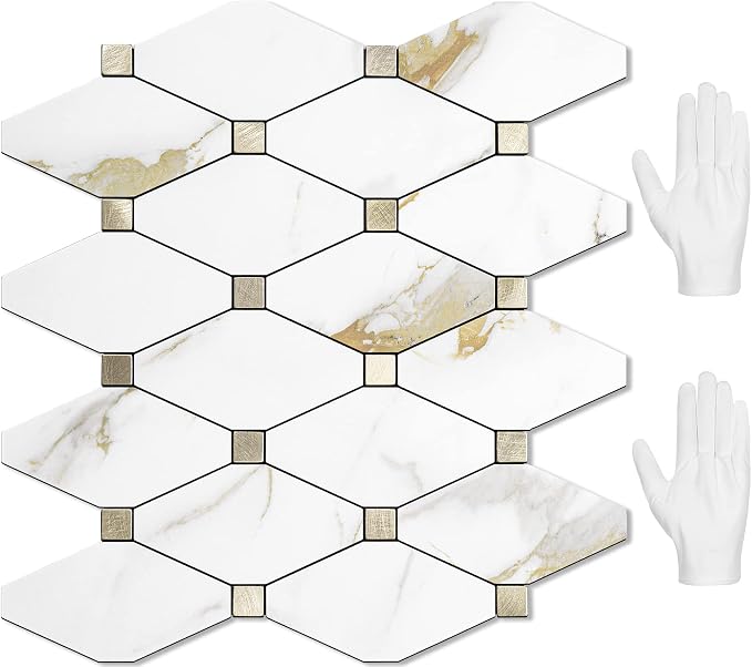 STICKGOO 10 Sheets Peel and Stick Backsplash, Calacatta Golden Stick on Aluminum Composite Tiles Stikers, Self Adhesive Mixed Metal Backsplash for Kitchen, Bathroom, Fireplace, RV
