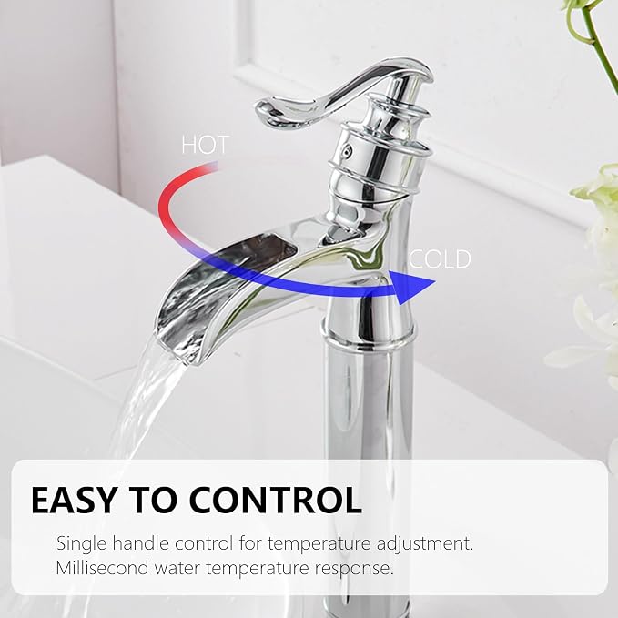 Chrome Vessel Sink Faucet Tall Brass Waterfall Faucet for Vessel Sink | Bathroom Faucets Farmhouse Single Hole Single Handle Vanity Lavatory Without Overflow Pop Up Drain for Washroom by BATHLAVISH