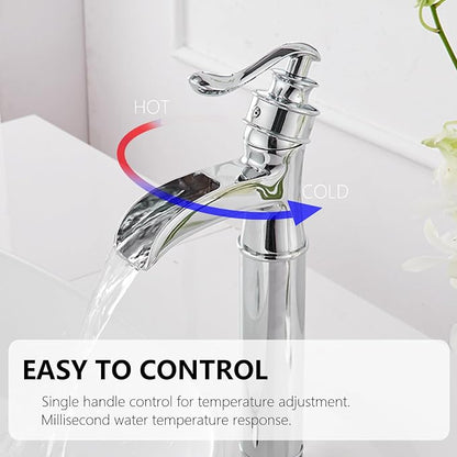 Chrome Vessel Sink Faucet Tall Brass Waterfall Faucet for Vessel Sink | Bathroom Faucets Farmhouse Single Hole Single Handle Vanity Lavatory Without Overflow Pop Up Drain for Washroom by BATHLAVISH