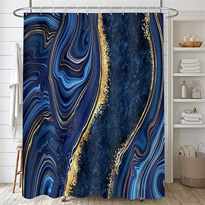 Nkzply 4Pcs Navy Blue Marble Shower Curtain Sets with Rugs Bathroom Set