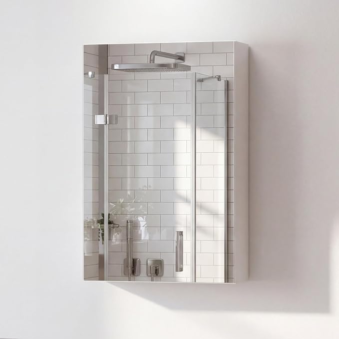 Panana Bathroom Cabinet Medicine Cabinets with Single Mirrored Door Wall Mounted Cabinet with Mirror, Storage Shelf with Adjustable Shelves Storage Organizer Kitchen Cupboard (White, 15.7x23.6 inch)