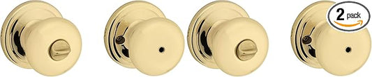Kwikset Juno Interior Privacy Door Knob with Lock, Door Handle for Bathroom and Bedroom, Polished Brass Keyless Turn Lock Doorknob (Pack of 2)
