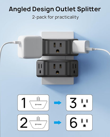 TROND Black Outlet Extender 2 Pack, 3 Plug Outlet Adapter | No Blocking with 3 Way Angled Design, Cruise Essentials, Small Multi Plug Expander for Home Travel Hotel Dorm Room, Black