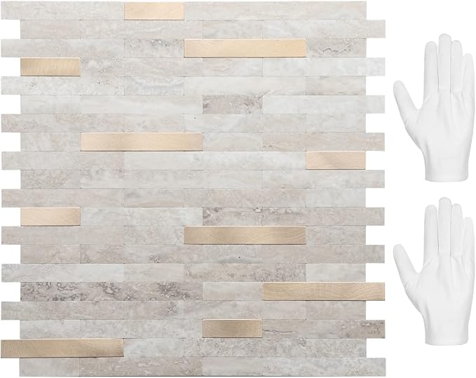 STICKGOO Peel and Stick Backsplash, PVC Wall Tiles Stick on Backsplash for Kitchen(10 Sheets, Beige with Metal Gold)