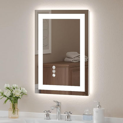 LED Bathroom Mirror 20x28 Inch Tempered Glass - Frameless LED Backlit Lighted Mirror for Bathroom Vanity with Anti-Fog, 3 Colors Dimmable, Memory Function, Wall-Mounted