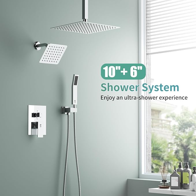 Shower Faucet Set Shower System - SR SUN RISE Polished Chrome Shower Trim Kit with Dual Shower Head, 10'' Ceiling Rainfall 6'' Wall Mount with Handheld Shower for Couples, Complete 6 Diverter Valve