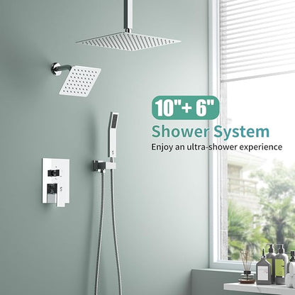 Shower Faucet Set Shower System - SR SUN RISE Polished Chrome Shower Trim Kit with Dual Shower Head, 10'' Ceiling Rainfall 6'' Wall Mount with Handheld Shower for Couples, Complete 6 Diverter Valve