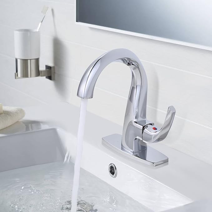 WOWOW Single Handle Bathroom Faucet 1 Hole High Arc Bathroom Basin Faucet Chrome with Pop Up Drain, Solid Brass Commercial Bathroom Sink Faucet Basin Vanity Sink (Patented Product)