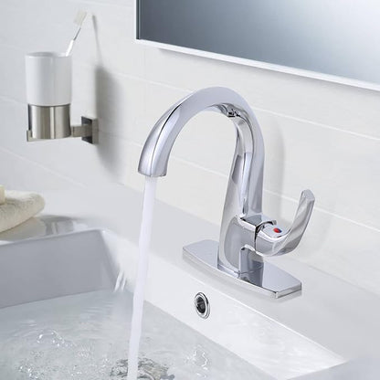 WOWOW Single Handle Bathroom Faucet 1 Hole High Arc Bathroom Basin Faucet Chrome with Pop Up Drain, Solid Brass Commercial Bathroom Sink Faucet Basin Vanity Sink (Patented Product)