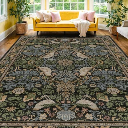 Botanical 10x14 Area Rug for Living Room, Extra Large Bedroom - Washable Rug for Dining Room Under Table Stain Resistant, Brown Green Boho Bird Vintage, Soft Floor Carpet Low Pile