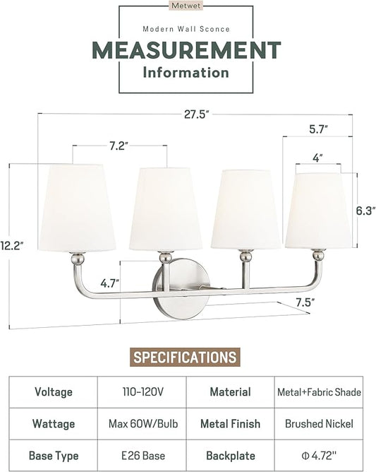 Bathroom Light Fixtures, 4 Light Vanity Lights with Flared White Fabric Shade, 28 Inch Brushed Nickel Wall Sconce, Modern Sconces Wall Lighting for Hallway Bedroom, VL837-BN-4