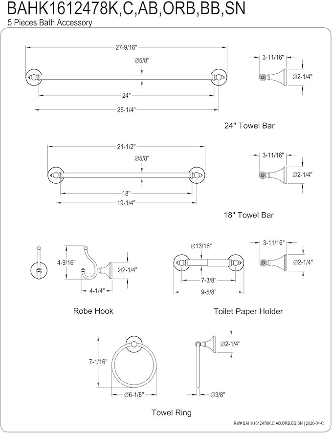 Kingston Brass BAHK1612478SN Naples Bathroom Hardware Set, Brushed Nickel 27.56 x 6.13 x 2.25