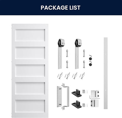 SMARTSTANDARD 30x84 inch White Barn Door with 5FT Silver Hardware Track | Solid MDF Slab, Waterproof PVC Surface, 5-Panel, Suitable for Openings up to 28in x 82in