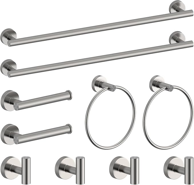 Brushed Nickel Bathroom Hardware Set 10 Pieces Stainless Steel | Evolvegoods Bathroom Hardware Set, Includes 26 inch Towel Bar, 4 Towel Hook, 2 Towel Ring Toilet Paper Holder