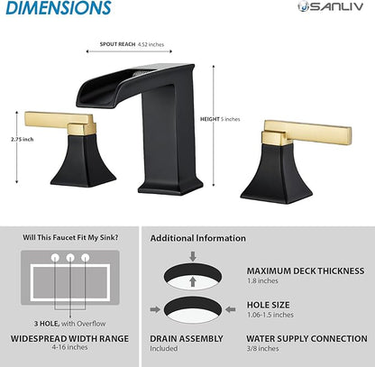 Black and Gold Bathroom Faucet 3 Hole, Sanliv Waterfall Bathroom Faucet, 8 Inch Widespread Bathroom Sink Faucet, Modern Two Handle Vanity Faucets with Pop Up Drain Black and Gold