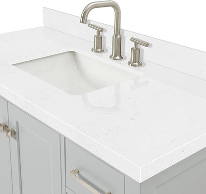 DKB Beckford 48-Inch Bathroom Vanity with Sink — Grey Single Sink Bathroom Vanity, 1.5" Edge Carrara White Quartz Countertop, Solid Wood, 2 Soft-Close Doors, 9 Dovetail Drawers