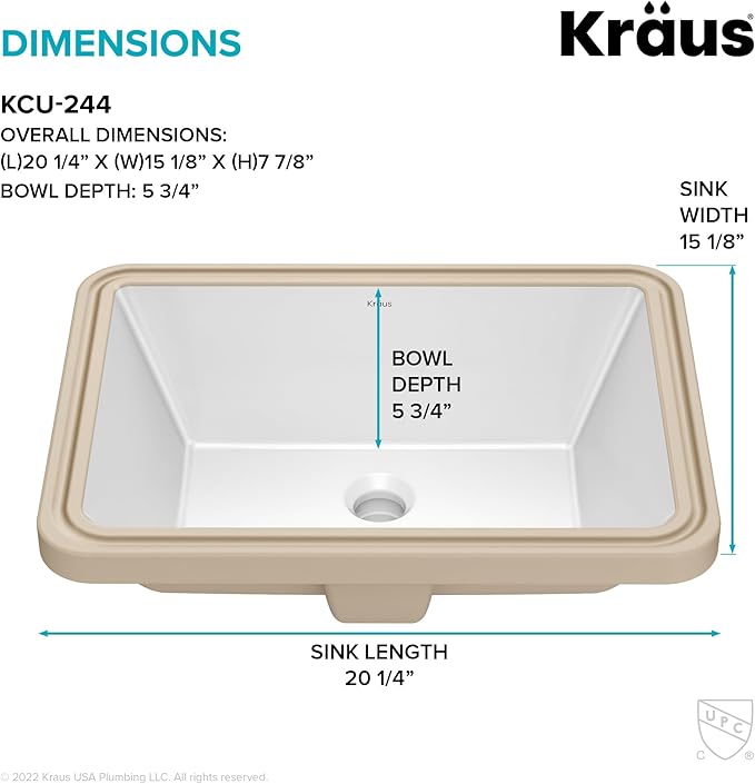 KRAUS Elavo 20.25 in. Rectangular Porcelain Ceramic Undermount Bathroom Sink in White with Overflow Drain, KCU-244