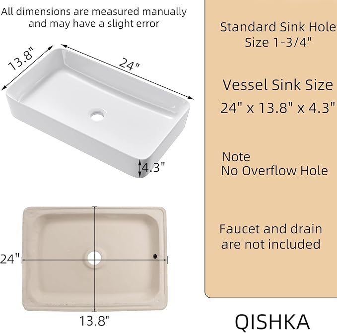 24 Inch Rectangular Bathroom Sink Above Counter, QISHKA White Ceramic Vanity Vessel Sink - 24" x 14" Countertop Rectangle Hand Wash Sink Porcelain Art Basi