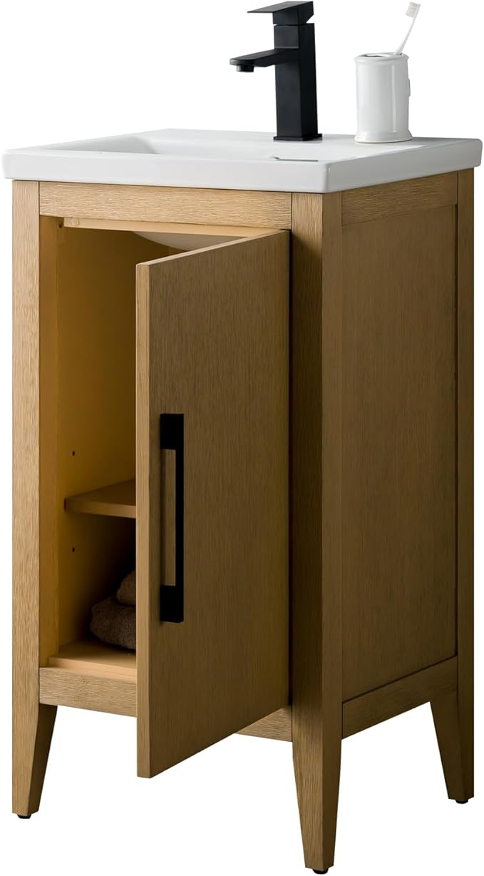 HomeBeyond 20 Inch Bathroom Vanity with Sink & Ceramic Top, Single Vanity Cabinet with Basin, Soft-Closing Doors & Matte Black Hardware, Natural Oak
